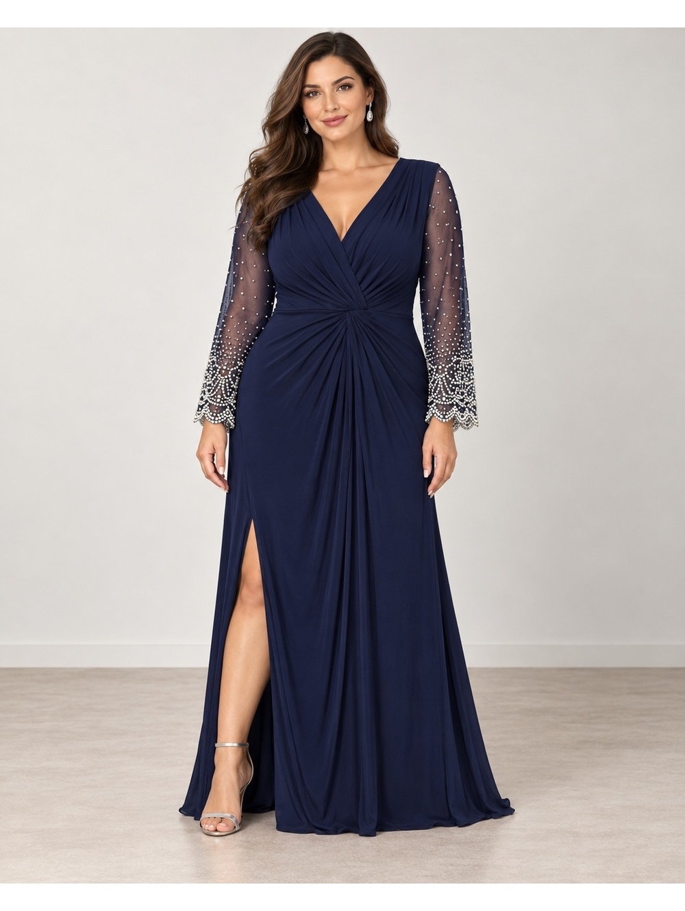 Alex Evenings Women’s 24W Navy Beaded Sleeve Formal Evening Gown NWT